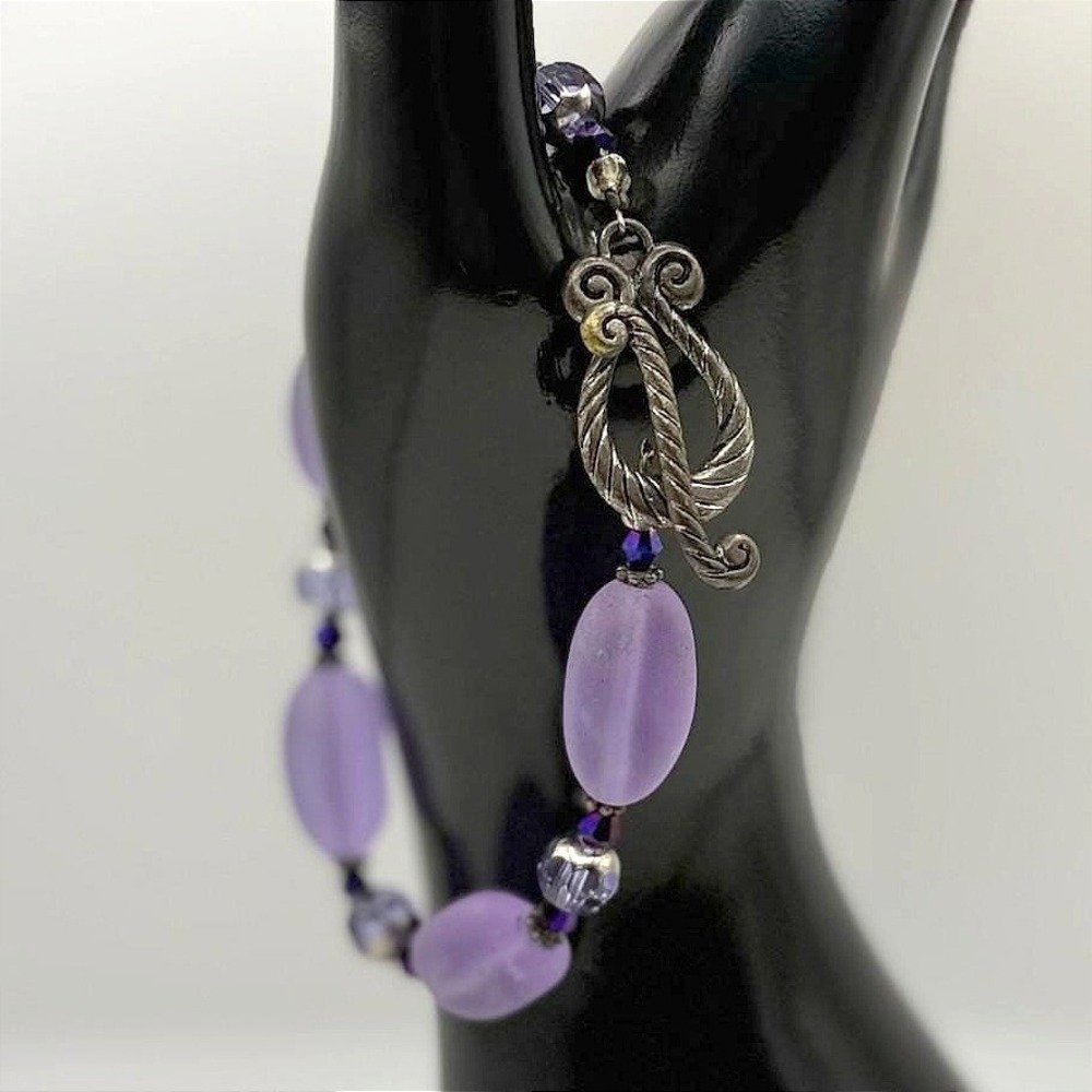 Vintage Purple Glass Crystal Beaded Bracelet Leaf Charm Boho Chic Jewelry 7.75''
